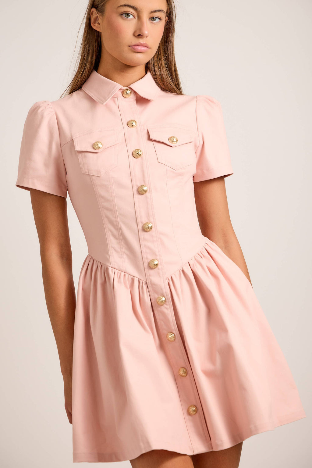 Button-Up Mini Denim Dress Featuring Gold Accent Buttons - Little Jill & Co.