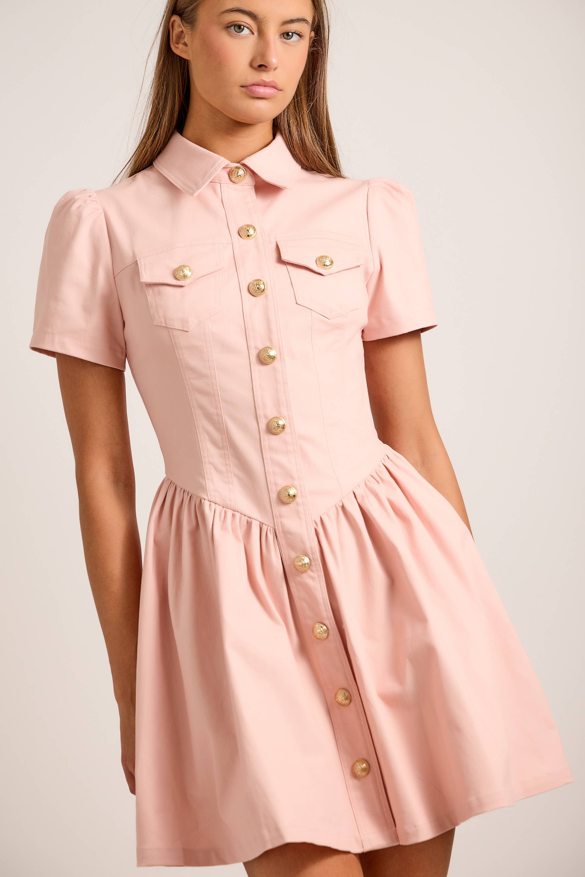 Button-Up Mini Denim Dress Featuring Gold Accent Buttons - Little Jill & Co.