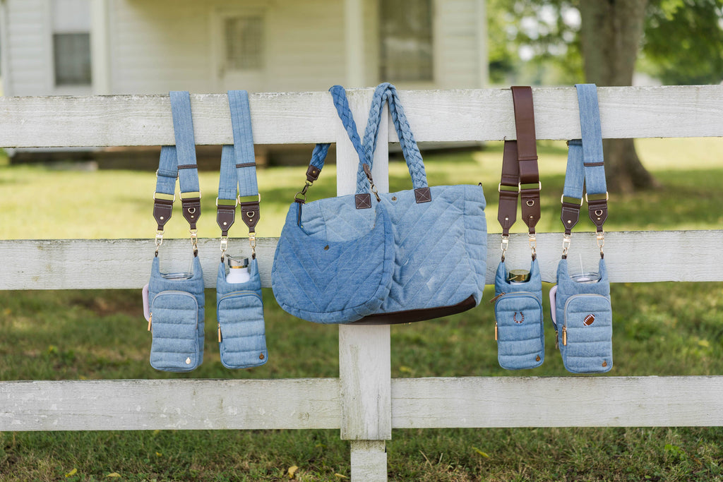 Light Denim HydroBag® with Gold Hardware and Denim overlaid Vegan Leather Strap - Little Jill & Co.