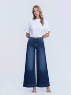 HIGH RISE DARK WASH FUSED WAISTBAND PALAZZO JEANS T7031