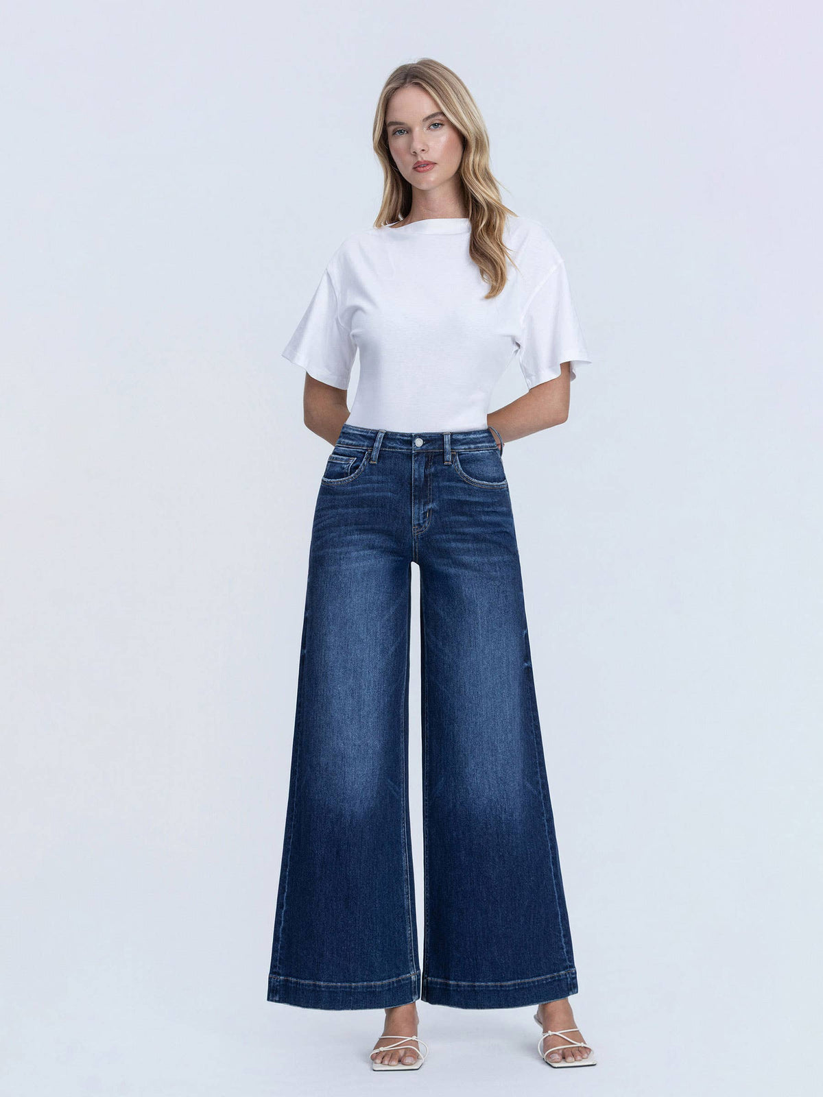 HIGH RISE DARK WASH FUSED WAISTBAND PALAZZO JEANS T7031