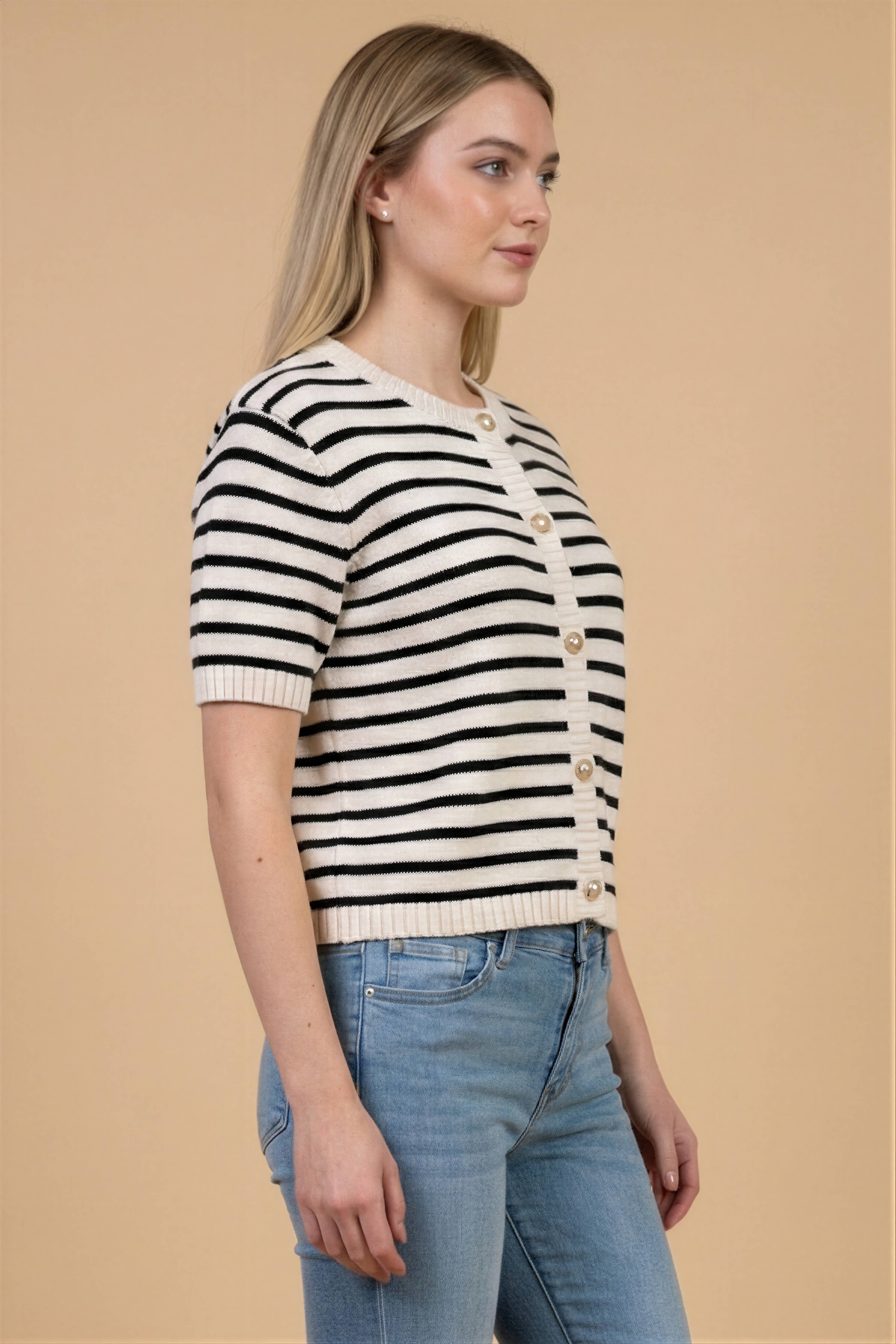 STRIPE BUTTON FRONT KNIT TOP