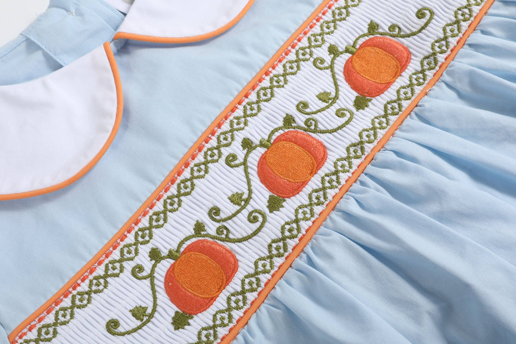Light Blue Pumpkin Vine Smocked Dress