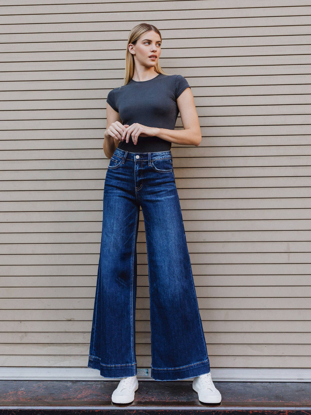 HIGH RISE DARK WASH FUSED WAISTBAND PALAZZO JEANS T7031