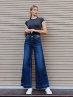 HIGH RISE DARK WASH FUSED WAISTBAND PALAZZO JEANS T7031
