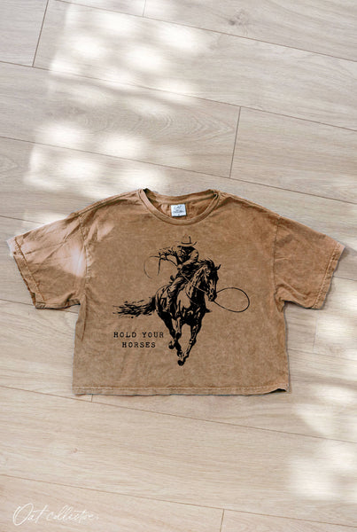 HOLD YOUR HORSES Cropped Mineral Graphic Top