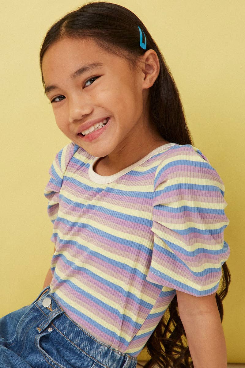 Girls Multi Color Stripe Ribbed Knit Puff Shoulder Top - Little Jill & Co.