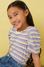 Girls Multi Color Stripe Ribbed Knit Puff Shoulder Top - Little Jill & Co.