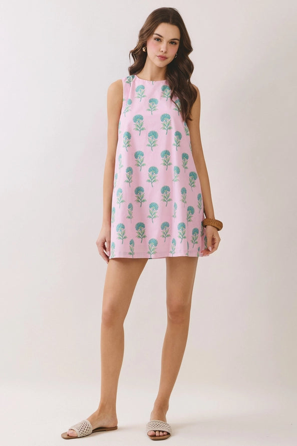 Pink Floral Round Neck Back Tie Mini Dress