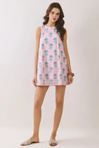 Pink Floral Round Neck Back Tie Mini Dress