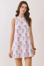 Pink Floral Round Neck Back Tie Mini Dress