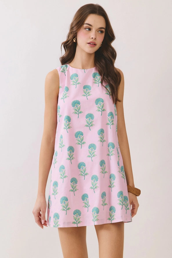 Pink Floral Round Neck Back Tie Mini Dress