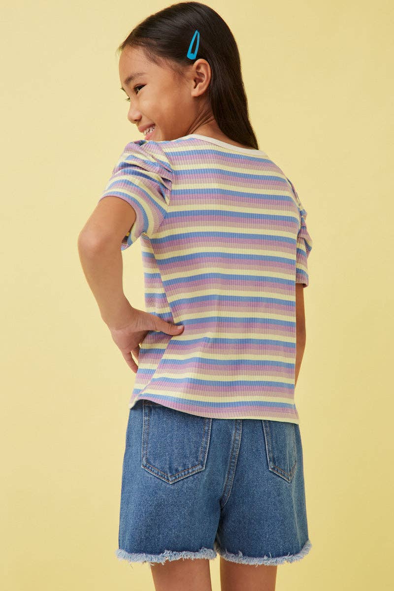 Girls Multi Color Stripe Ribbed Knit Puff Shoulder Top - Little Jill & Co.