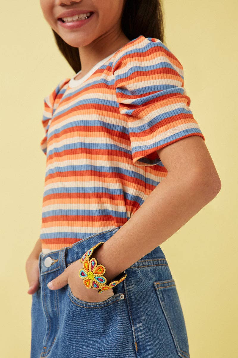 Girls Multi Color Stripe Ribbed Knit Puff Shoulder Top - Little Jill & Co.