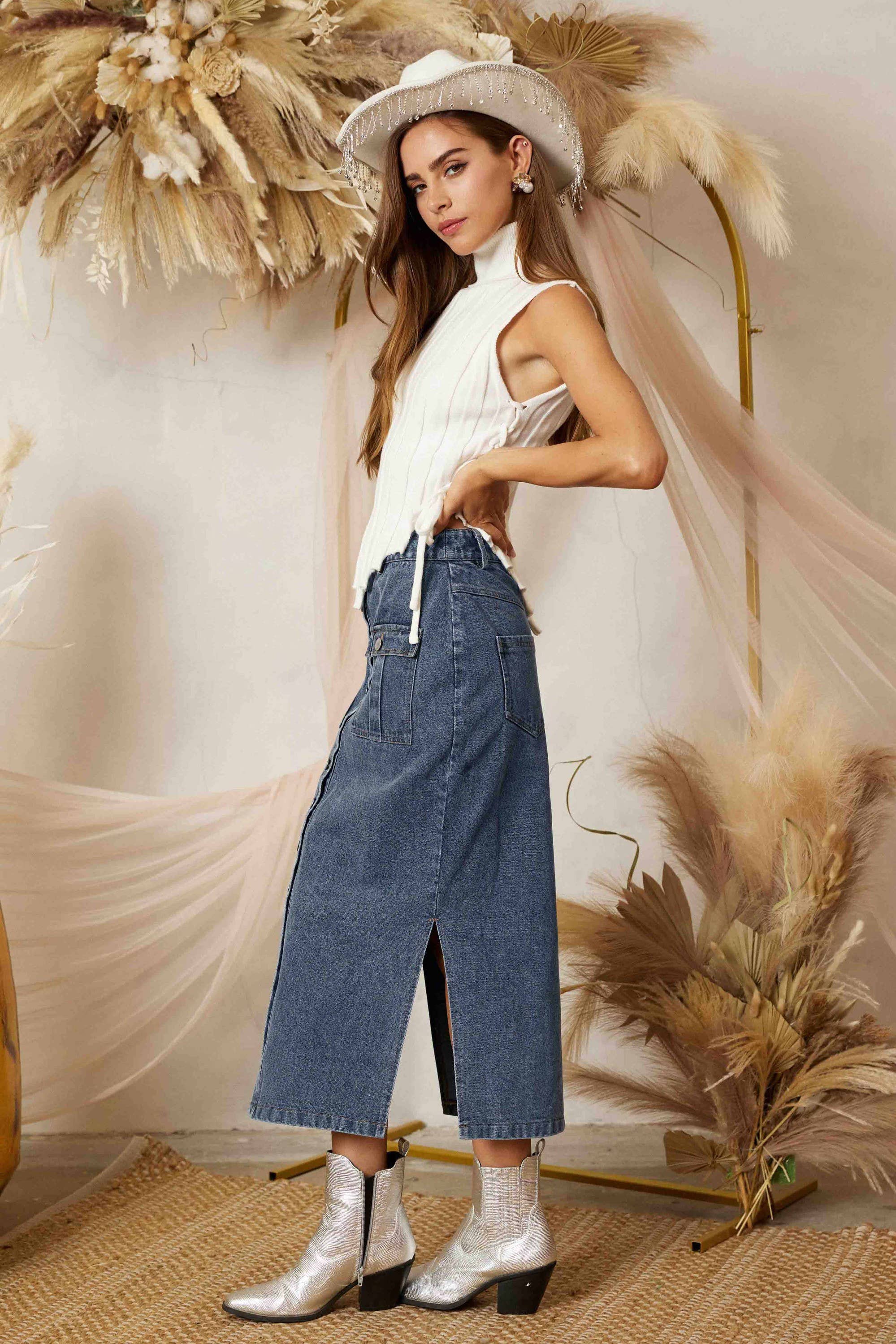 SS3503 SIDE SLIT PENCIL DENIM LONG SKIRT