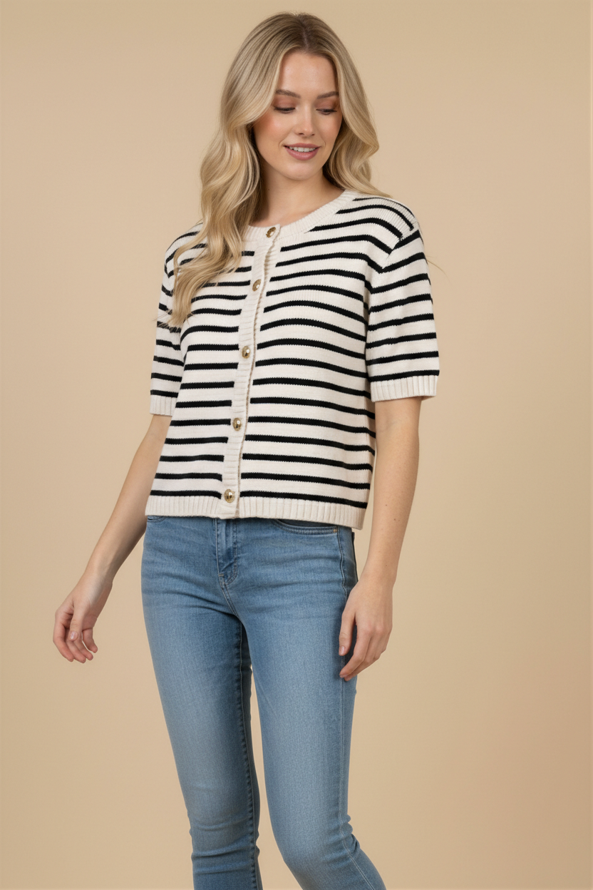STRIPE BUTTON FRONT KNIT TOP