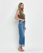 HIGH RISE MEDIUM WASH CUFFED WIDE JEANS F5890