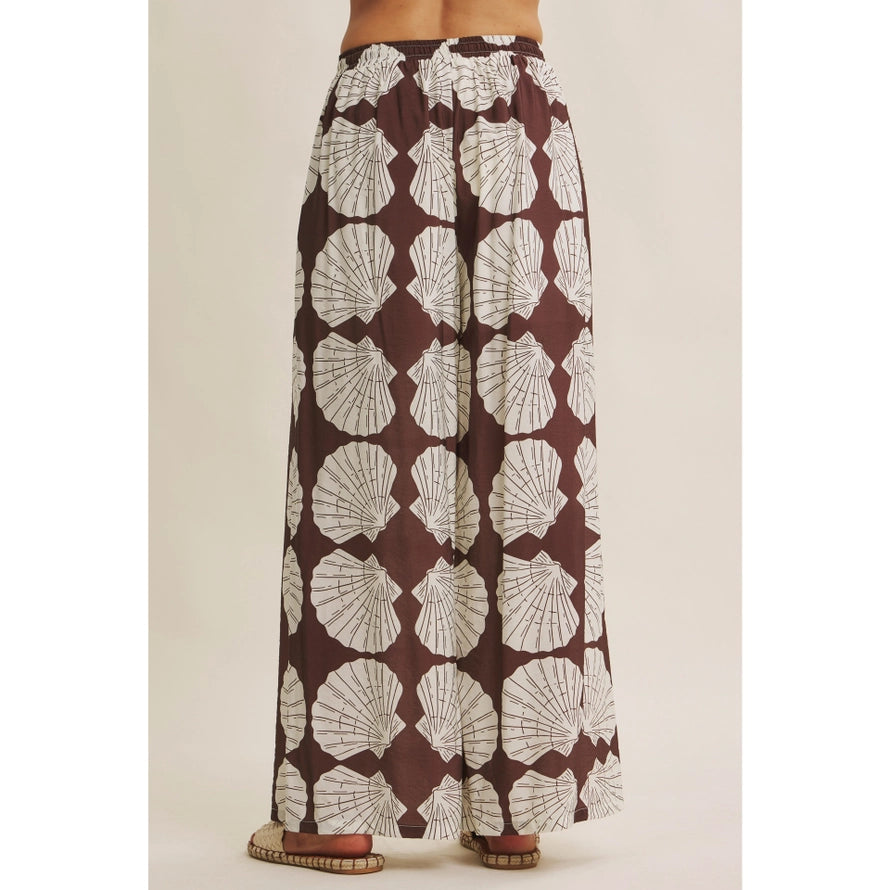 Coastal Breeze Earthy Aesthetic Seashell Print Wide-Leg Pant