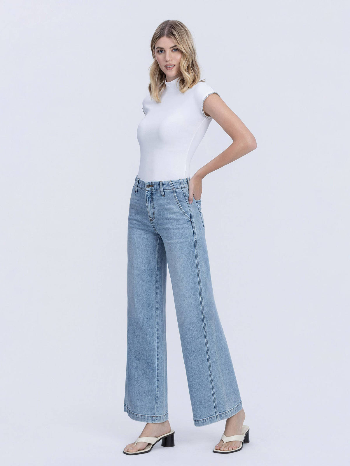 HIGH RISE TROUSER HEM TWIST WIDE LEG JEANS F9073