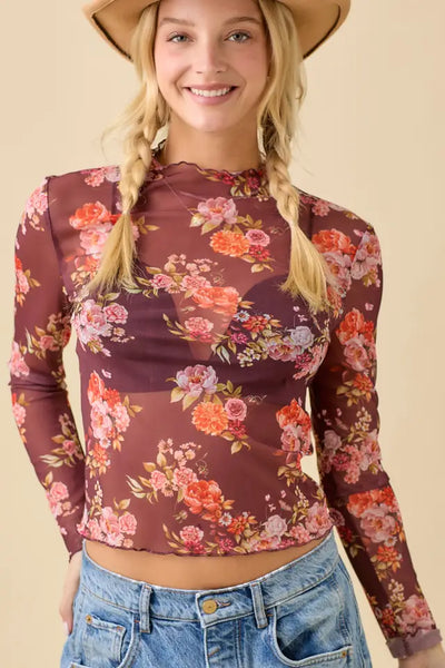 Floral Printed Long Sleeve Mesh Top - Little Jill & Co.