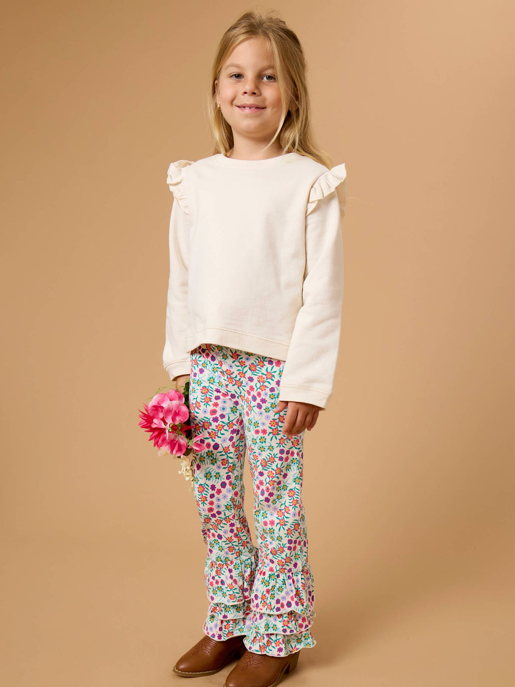 Girls Ivory Knit Flutter Sweatshirt