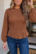 Solid Smocked Ruffle Hem Bubble Sleeve Blouse