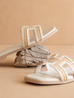 The Ena | White H Cutout Raffia Slide - Little Jill & Co.