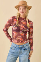 Floral Printed Long Sleeve Mesh Top - Little Jill & Co.