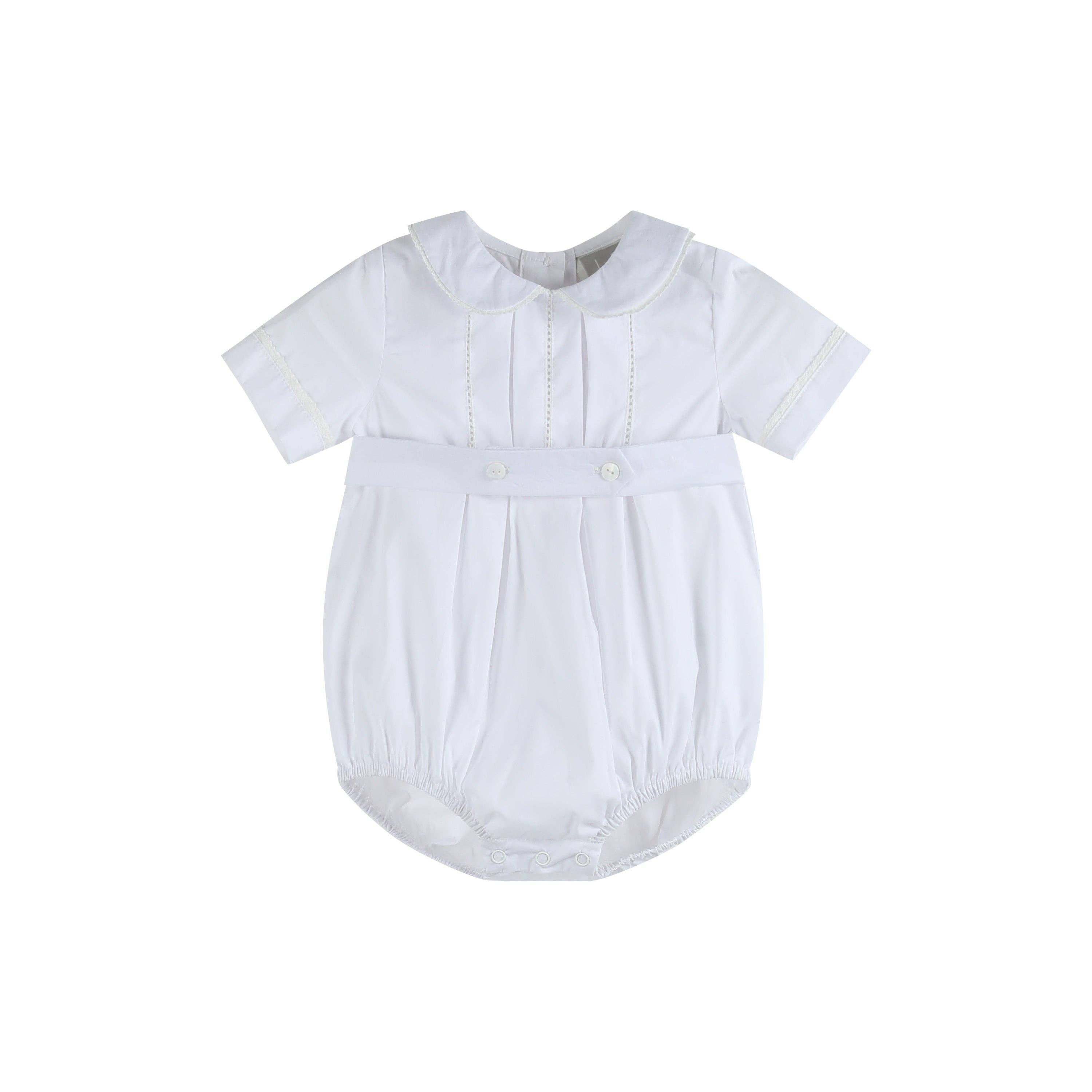 White Collared Button Romper with Bonnet