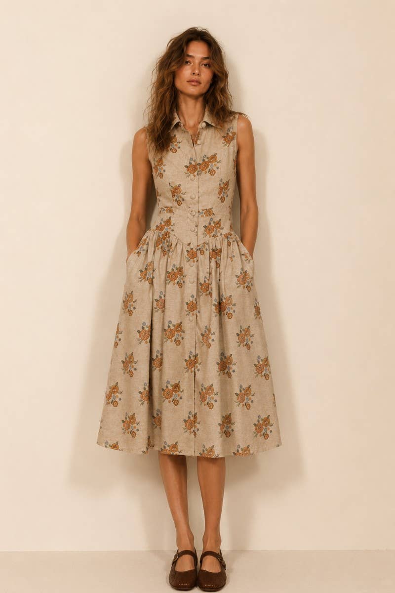 FLORAL PRINT MIDI SHIRT DRESS