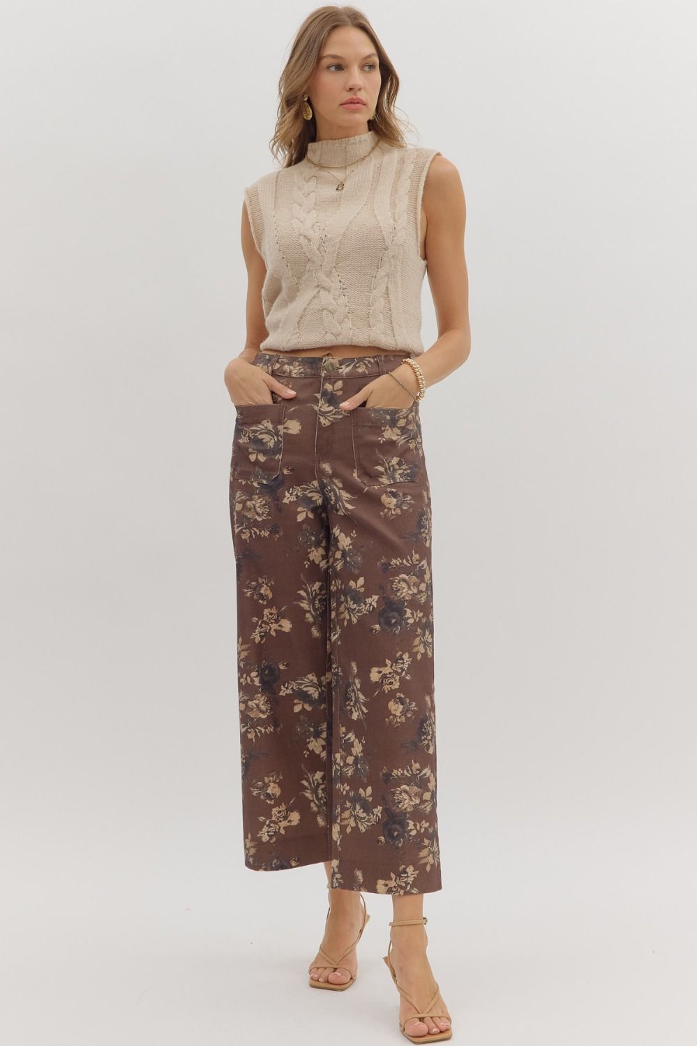 Floral pattern mid-rise ankle-length pants