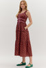 Burgundy Floral Print Pullover Tiered Midi Dress
