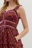 Burgundy Floral Print Pullover Tiered Midi Dress