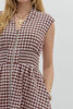 Gingham pattern V-neck sleeveless midi dress