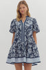 Navy Floral Print Short Bubble Sleeve