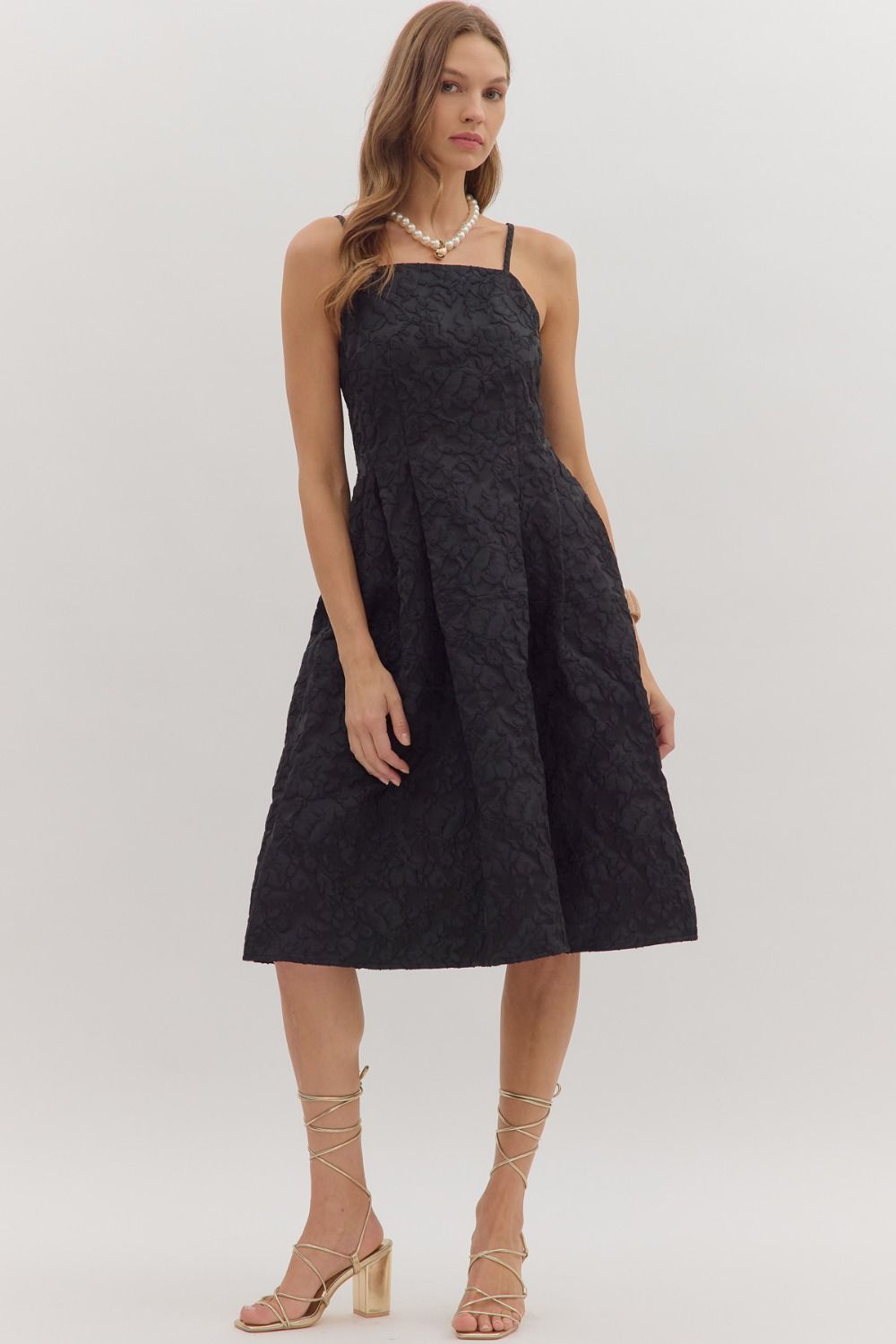 Black Floral Jacquard Sleeveless Midi