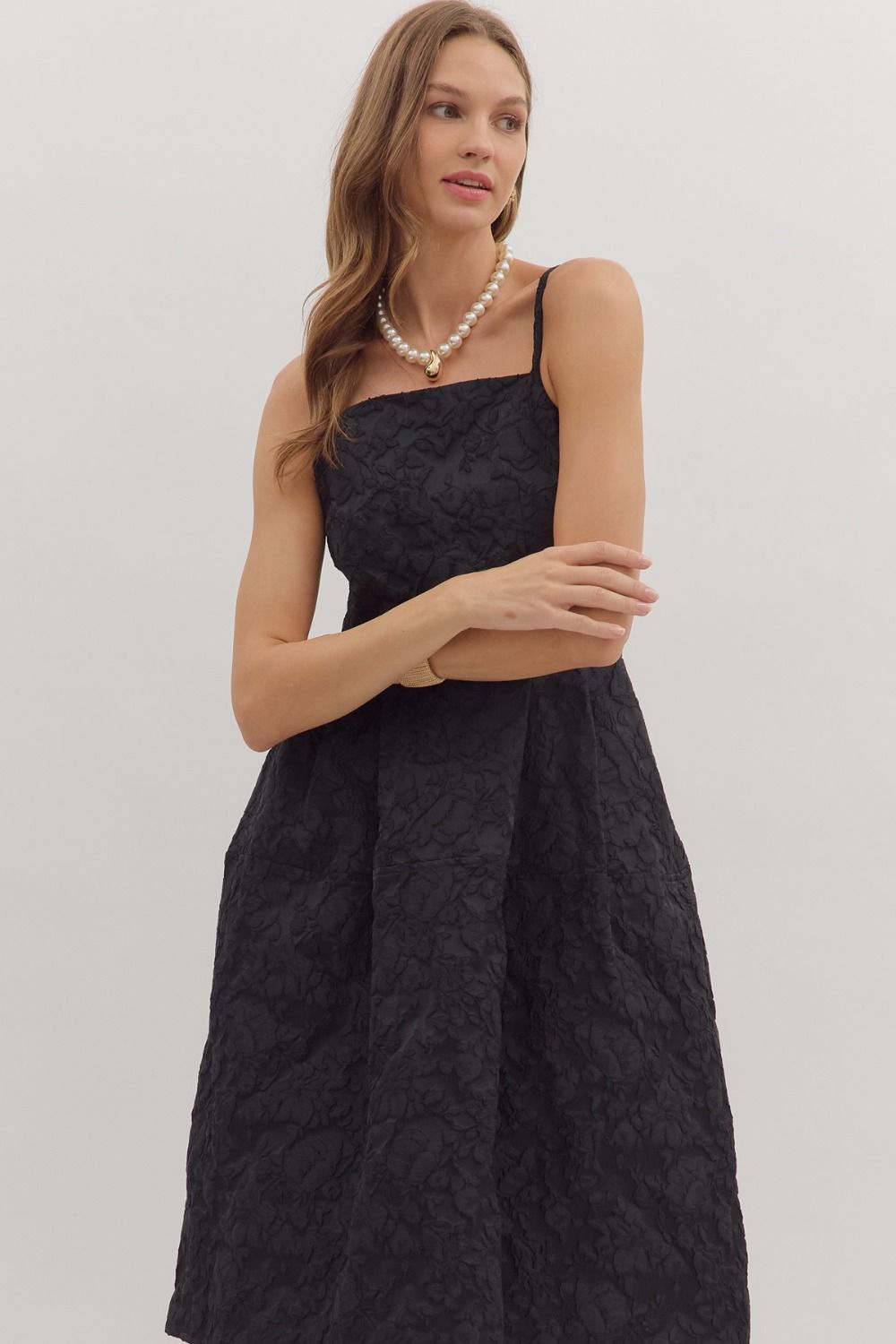 Black Floral Jacquard Sleeveless Midi