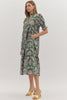 Floral print short puff sleeve midi dress