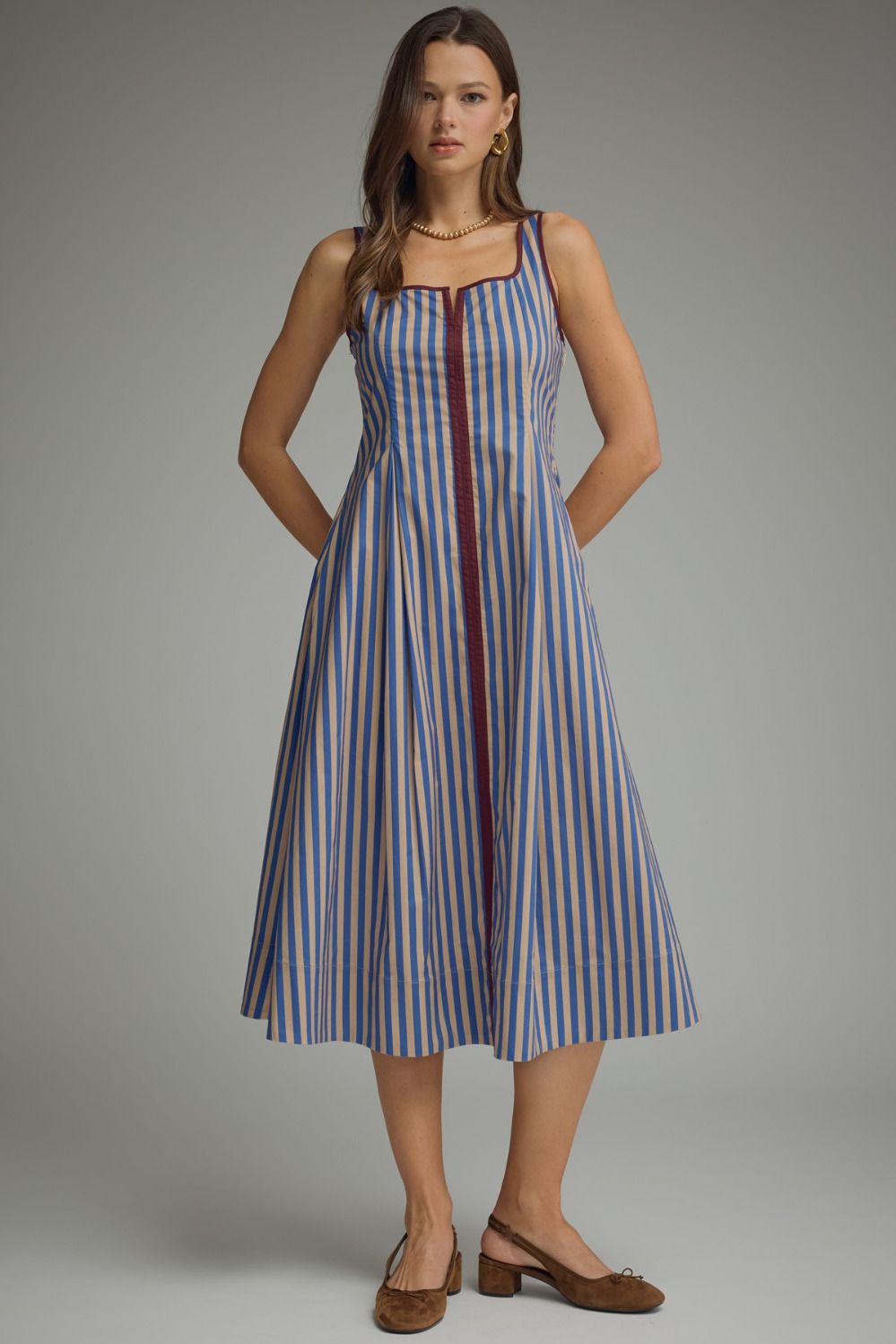Blue Striped Sleeveless Midi Dress