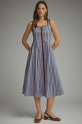 Blue Striped Sleeveless Midi Dress