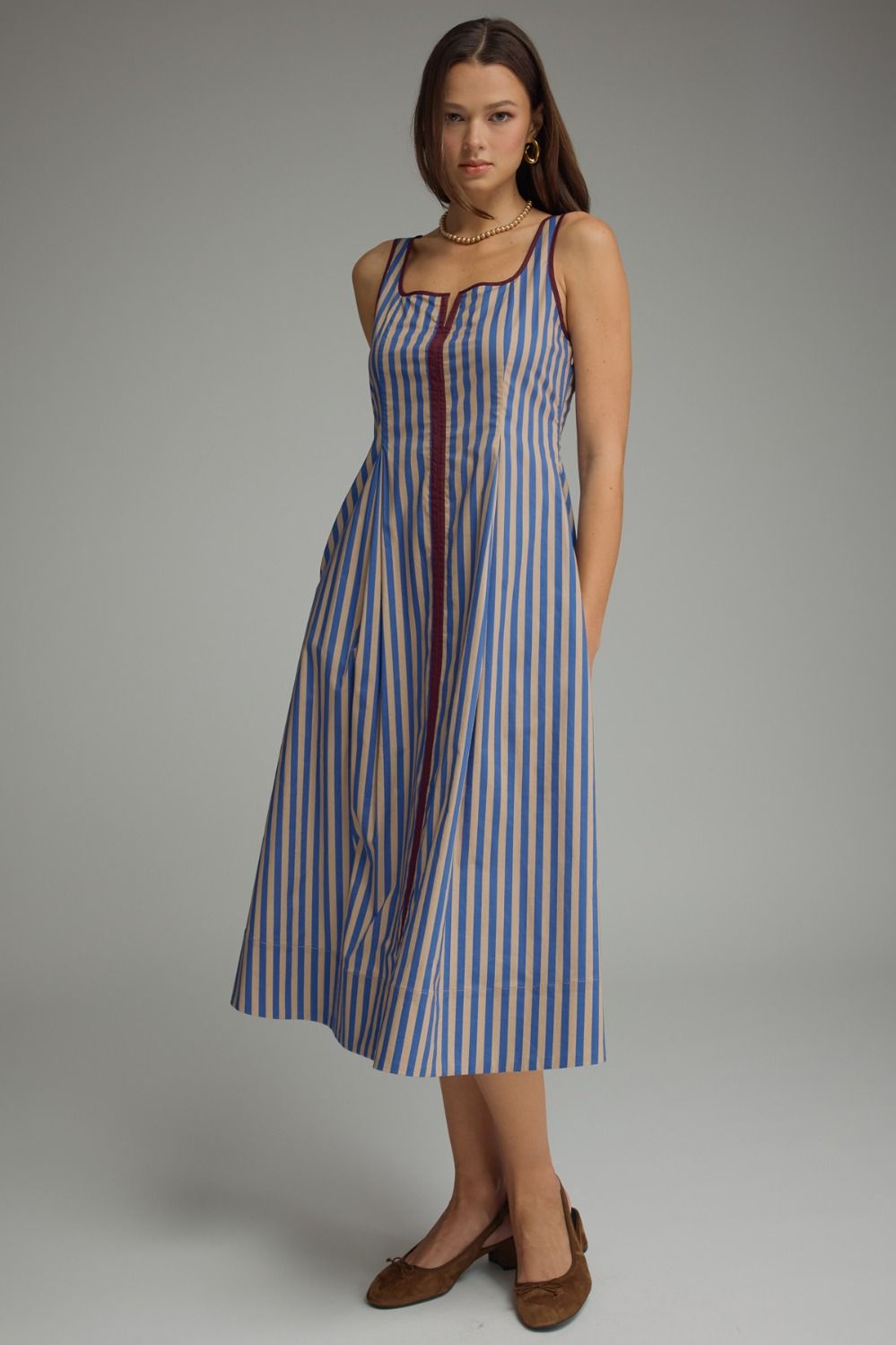 Blue Striped Sleeveless Midi Dress