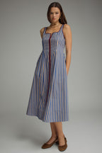Blue Striped Sleeveless Midi Dress