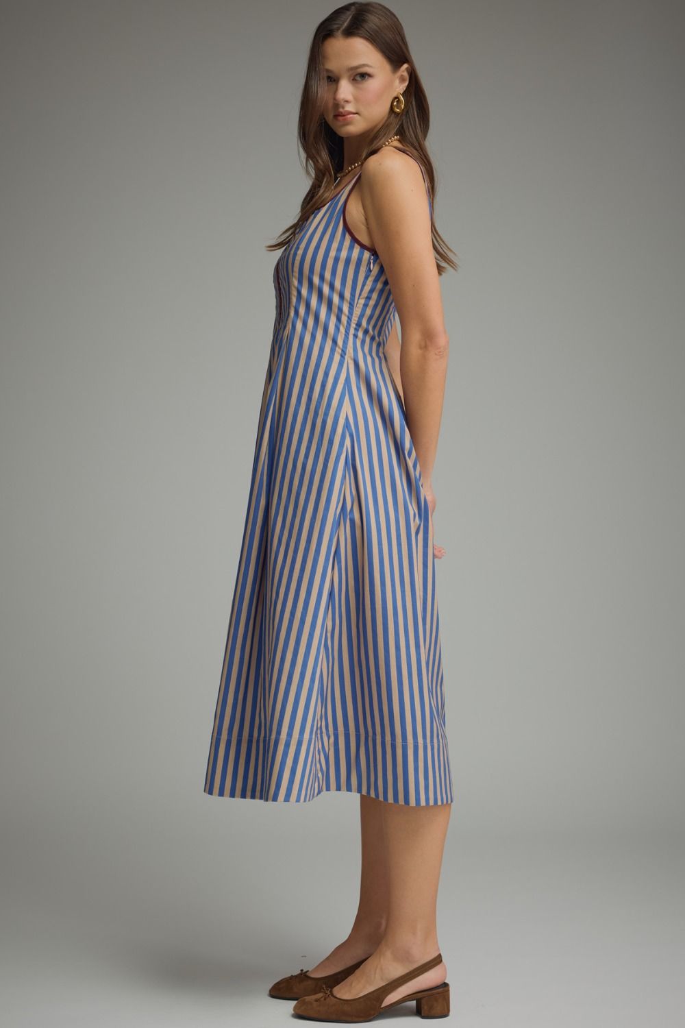 Blue Striped Sleeveless Midi Dress