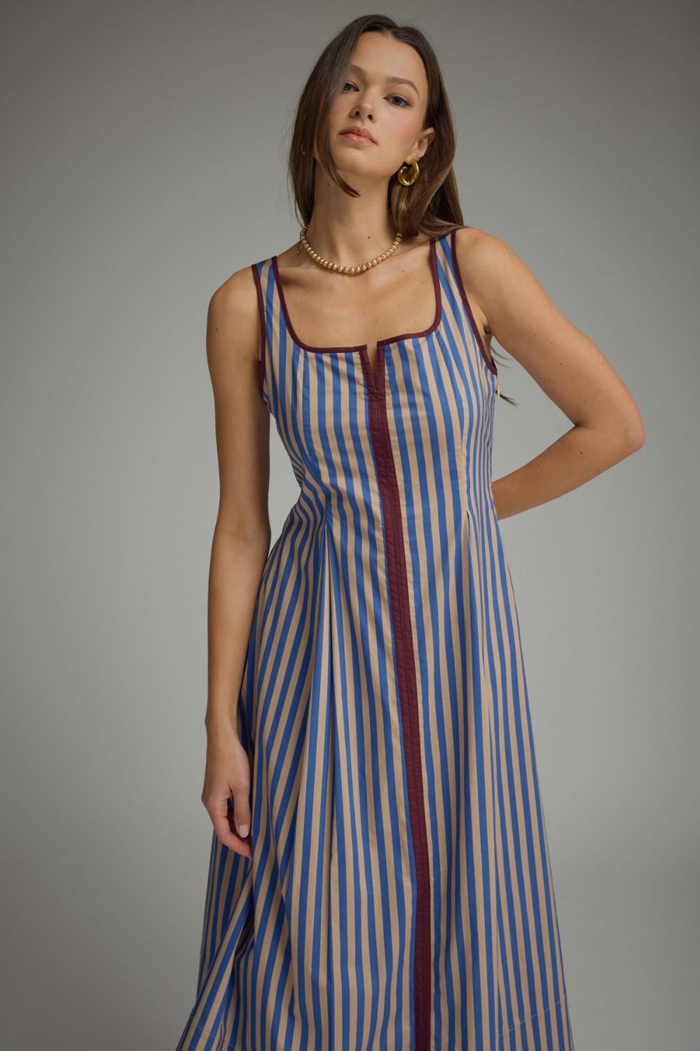 Blue Striped Sleeveless Midi Dress