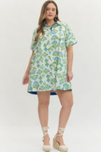 Green/Blue Floral Print Short Sleeve Mini
