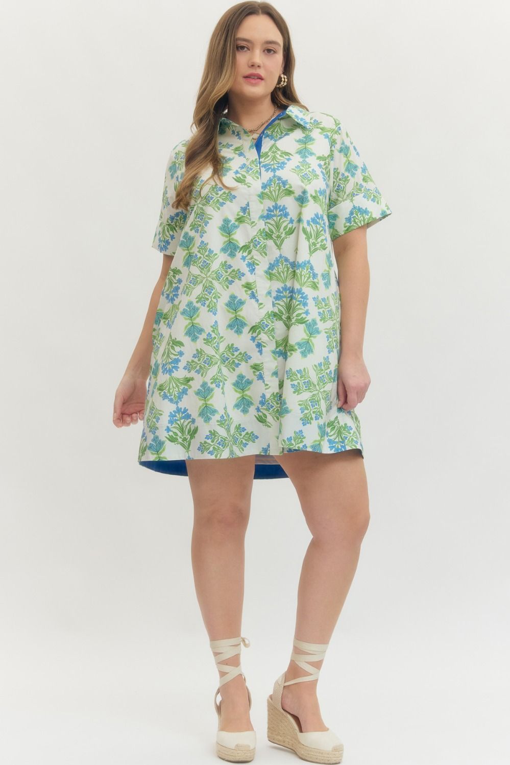 Green/Blue Floral Print Short Sleeve Mini