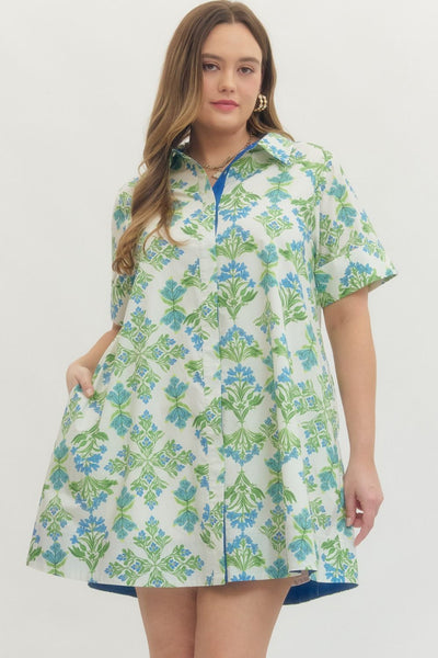 Green/Blue Floral Print Short Sleeve Mini