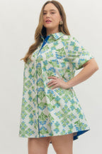Green/Blue Floral Print Short Sleeve Mini