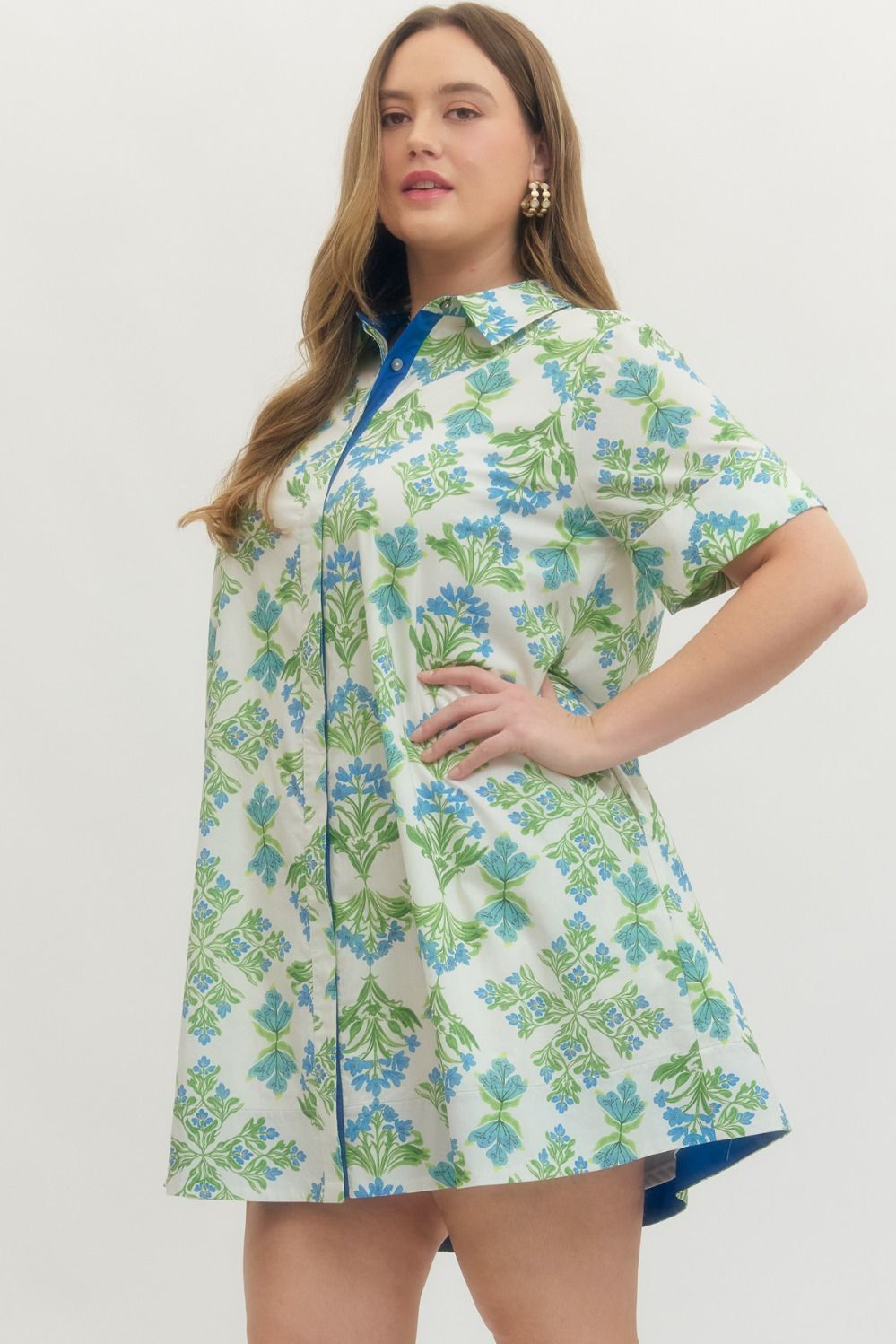 Green/Blue Floral Print Short Sleeve Mini