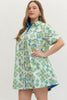 Green/Blue Floral Print Short Sleeve Mini